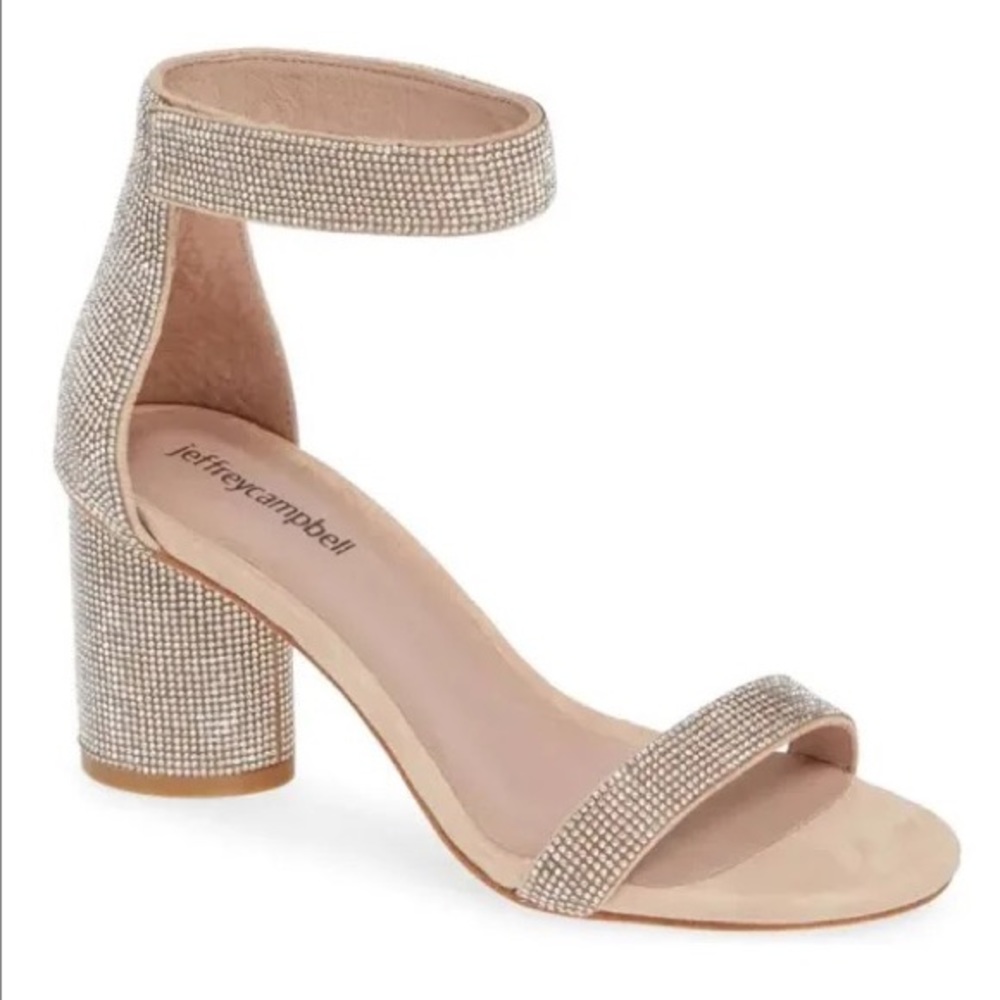 Jeffrey Campbell Kenneth Rhinestone Embellished Sandals w ankle strap Nude Suede